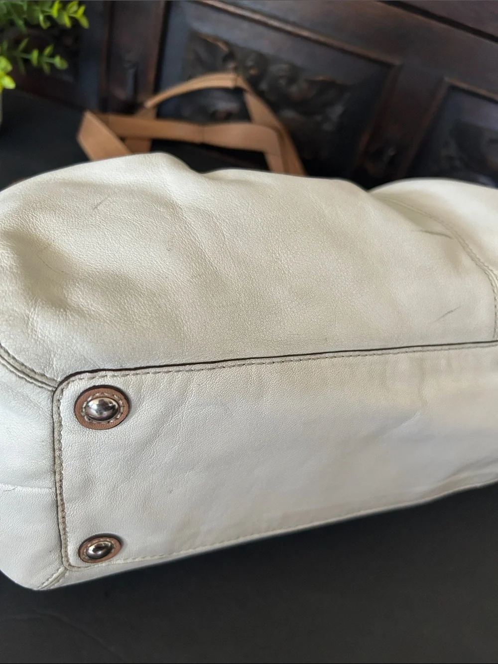 Coach Cream Canvas Shoulder Bag with Tan Leather Trim
